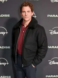 James Marsden Paradise 2025 Black Fur Bomber Jacket